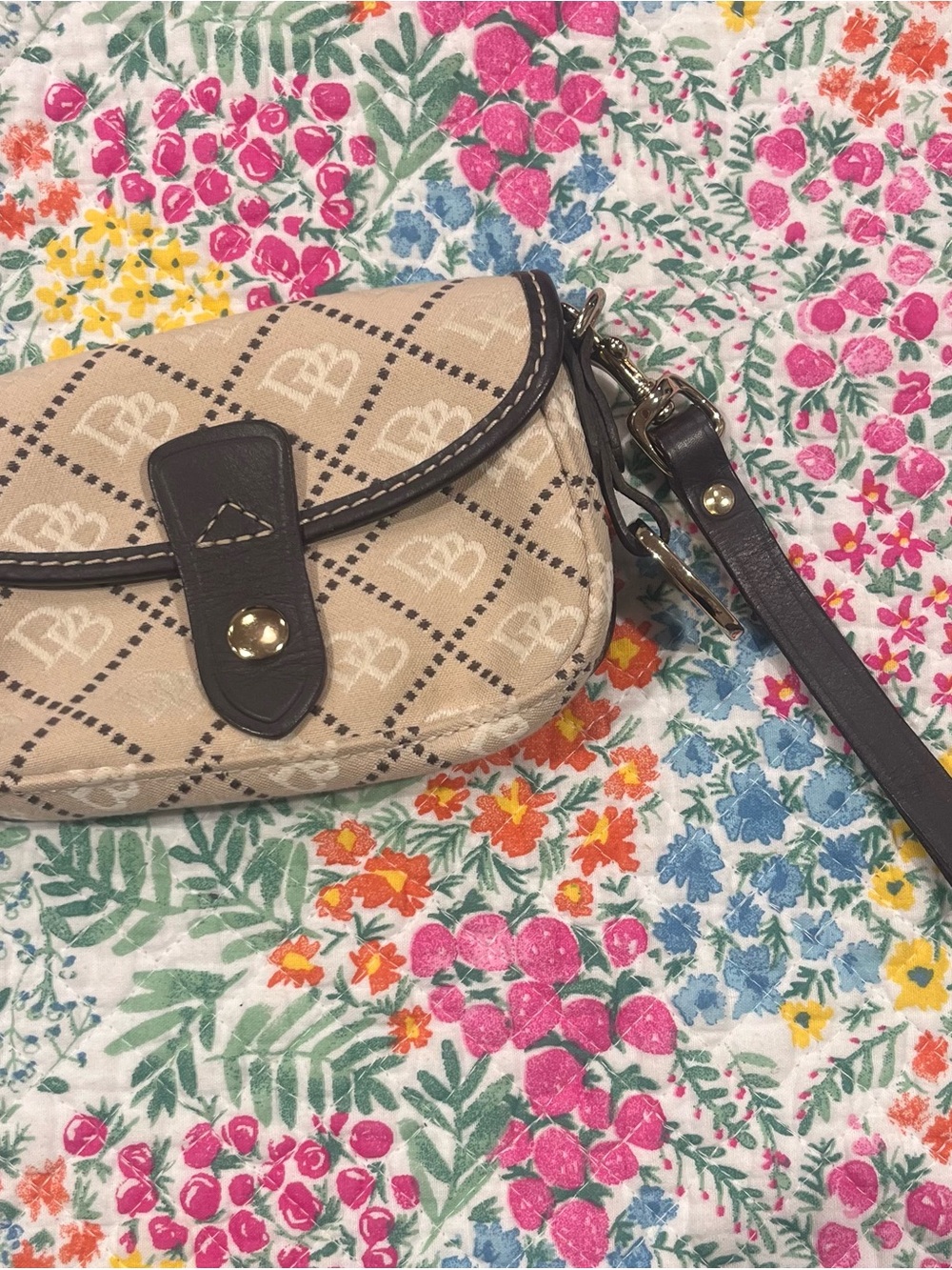 Dooney & Bourke Beige Logo Pattern Wristlet with Brown Trim